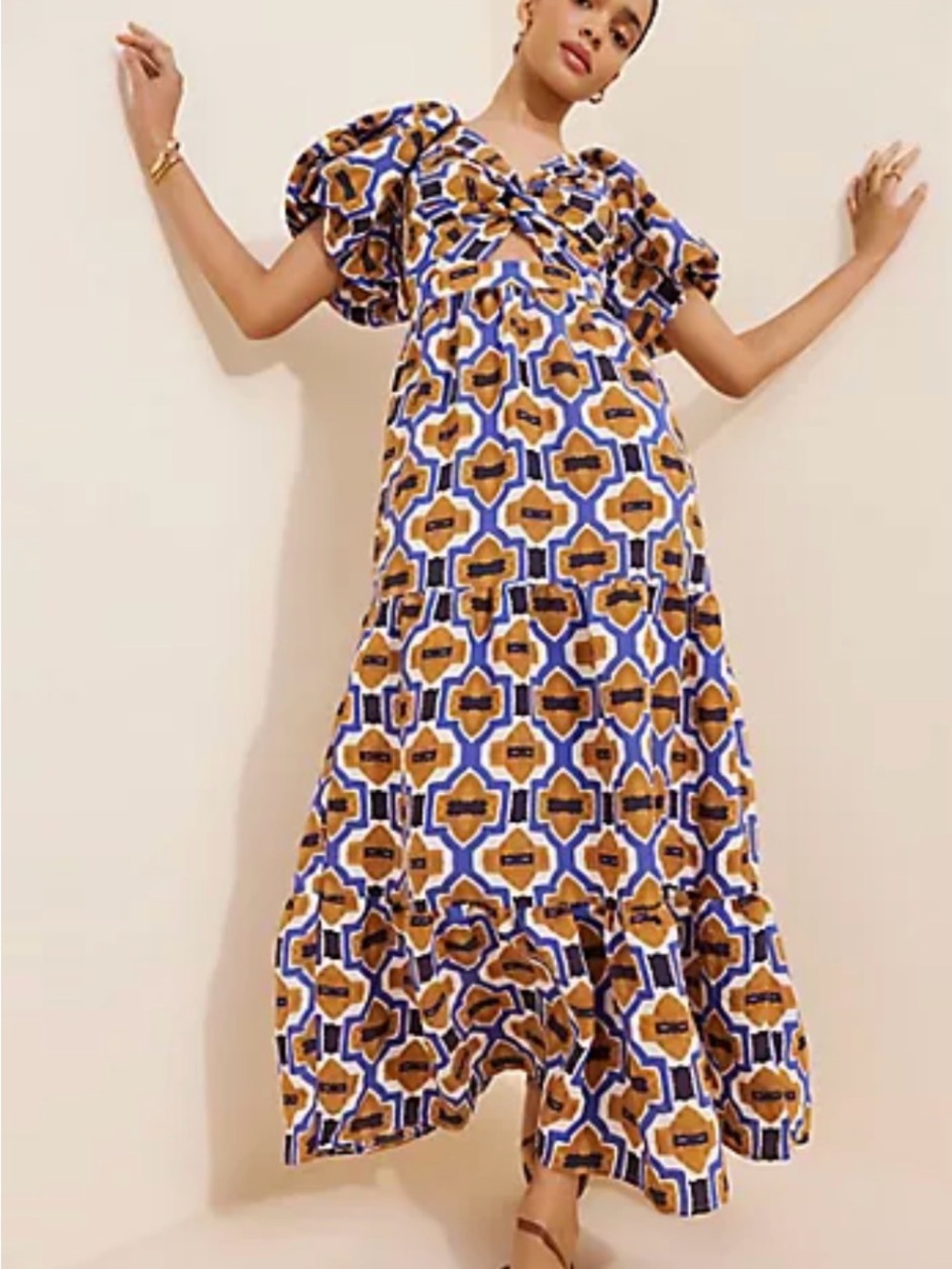 Anthropologie Geometric Print Puff-Sleeve Maxi Dress in Blue & Mustard large